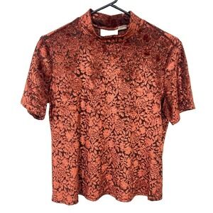 Burnout Velvet Floral Mock Neck Top M‎ Rust Copper Retro Glam Whimsigoth